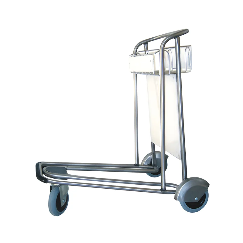 Stainless steel airport trolley with advertising board space for commercial messaging in terminals.