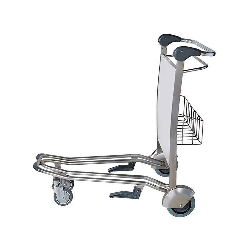 Stainless steel hand brake airport cart with secure stopping mechanism for passenger luggage transport.