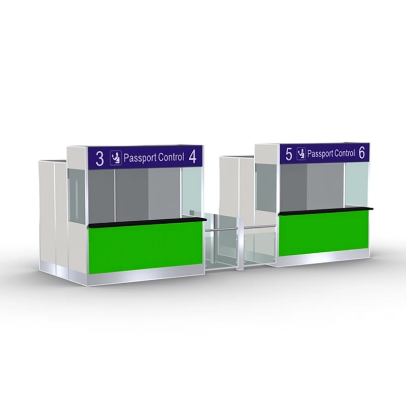 Transparent acrylic airport display case integrated into counter for high-value merchandise security.