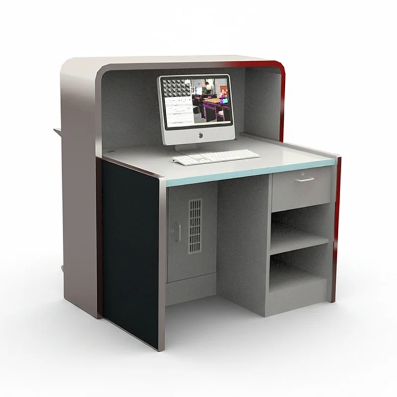 Ventilated computer workstation inside airport counter preventing overheating of CPU and printers.