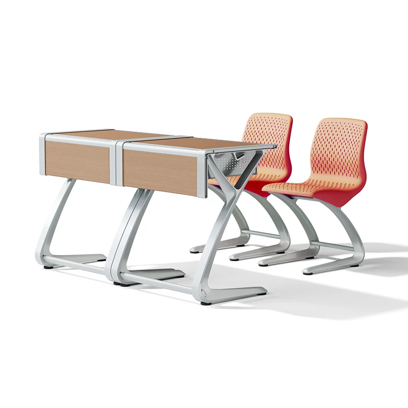 wooden student desk and chair with sturdy metal frame legs for long lasting use in school classrooms