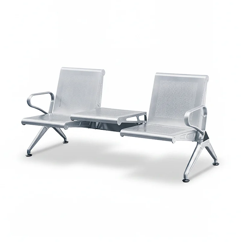 2 seater iron waiting bench with table for small bus stop or train station shelter.
