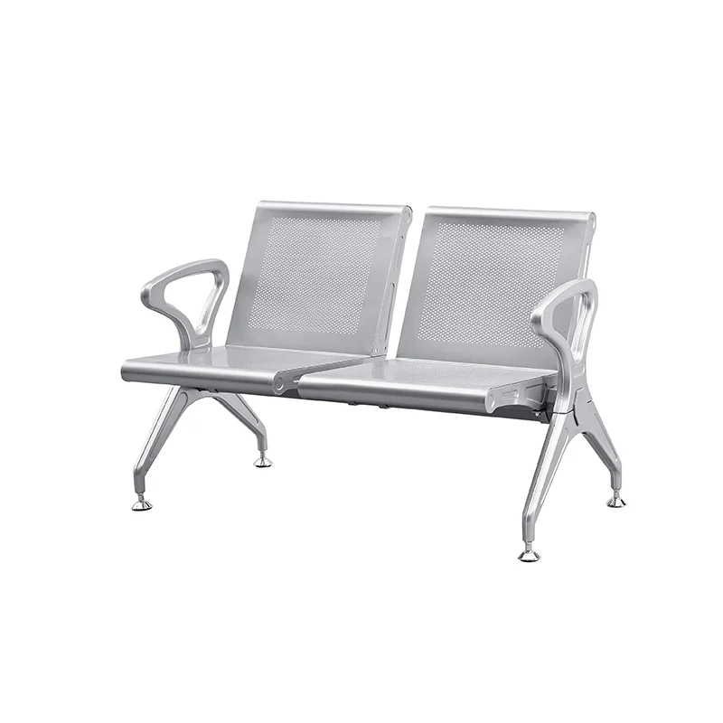 Compact 2 seater stainless airport bench for narrow gate area space saving design.