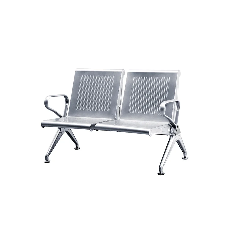 Floor mounted 2 seater stainless steel airport bench for high traffic terminal departure lounge.