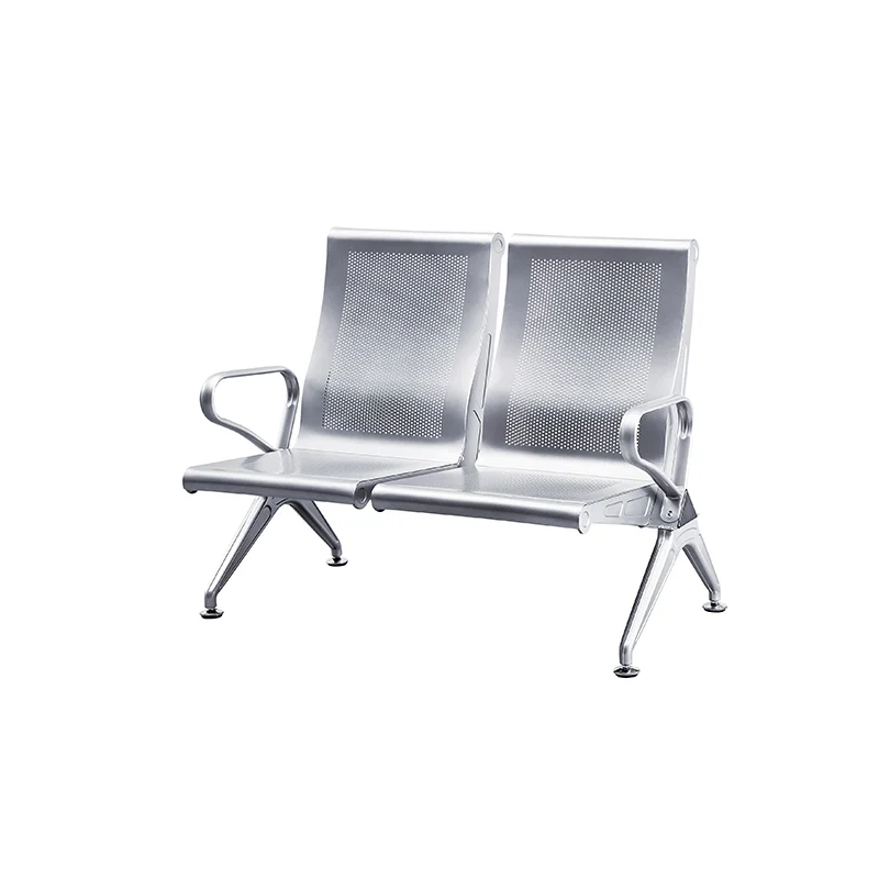 Compact 2 seater stainless steel waiting chair for small bank lobby or clinic corner.