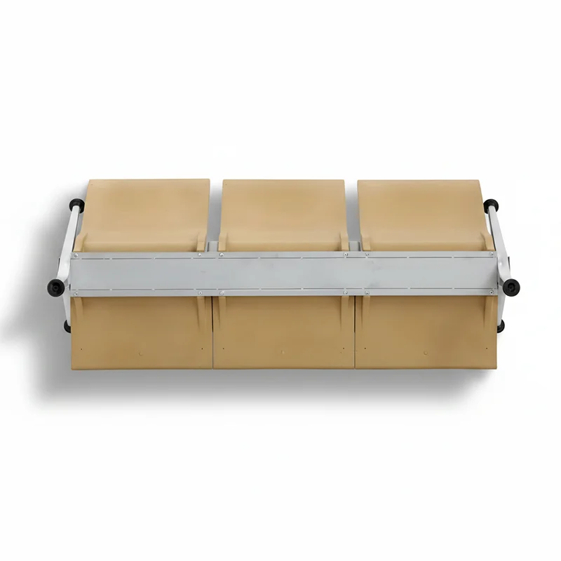 Anti pirate 3 seater airport waiting bench with seamless seat pan preventing debris hiding.