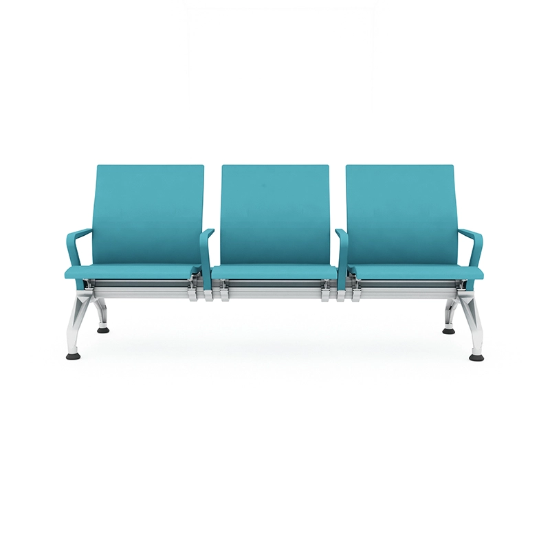 3 seater airport waiting chair without middle armrest allowing passengers to lie down during long layover.