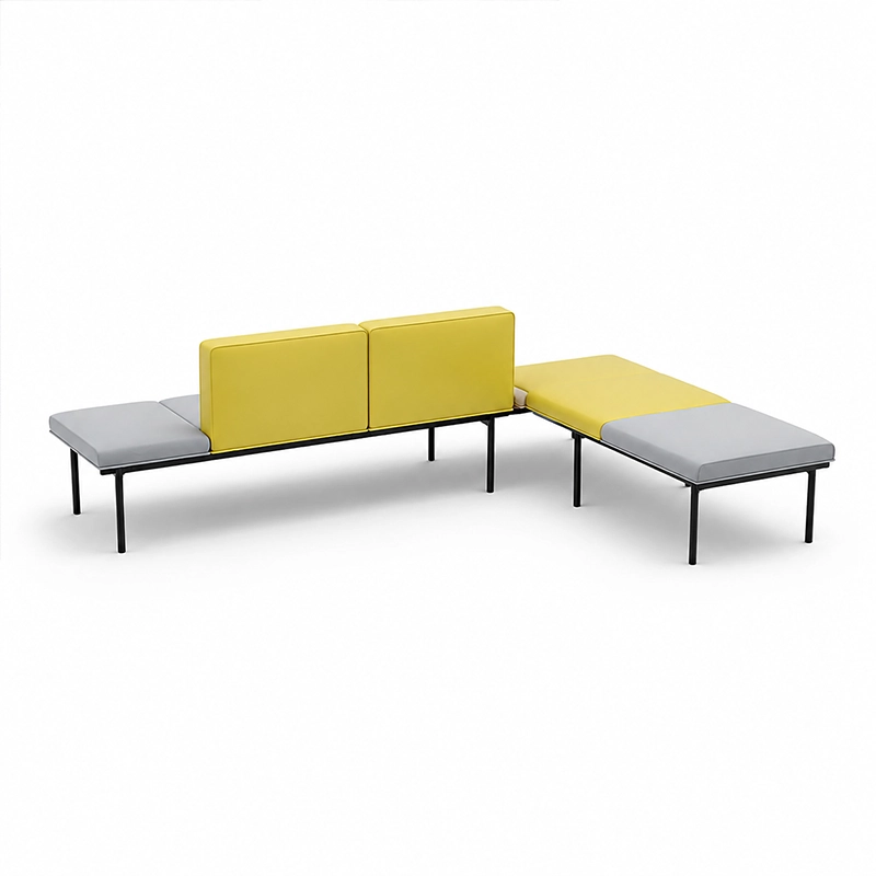 2 3 seater fabric upholstered waiting bench with padded armrests, ideal for hospital waiting rooms and large medical clinic reception areas.