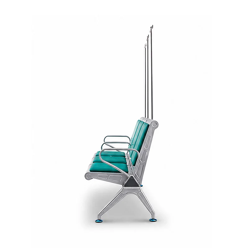 3 seater hospital chair with four armrests separating seats for individual patient comfort.