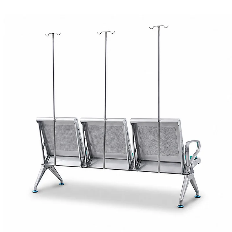 3 seater infusion bench with fixed non-caster base for safe use in iv therapy waiting zones.