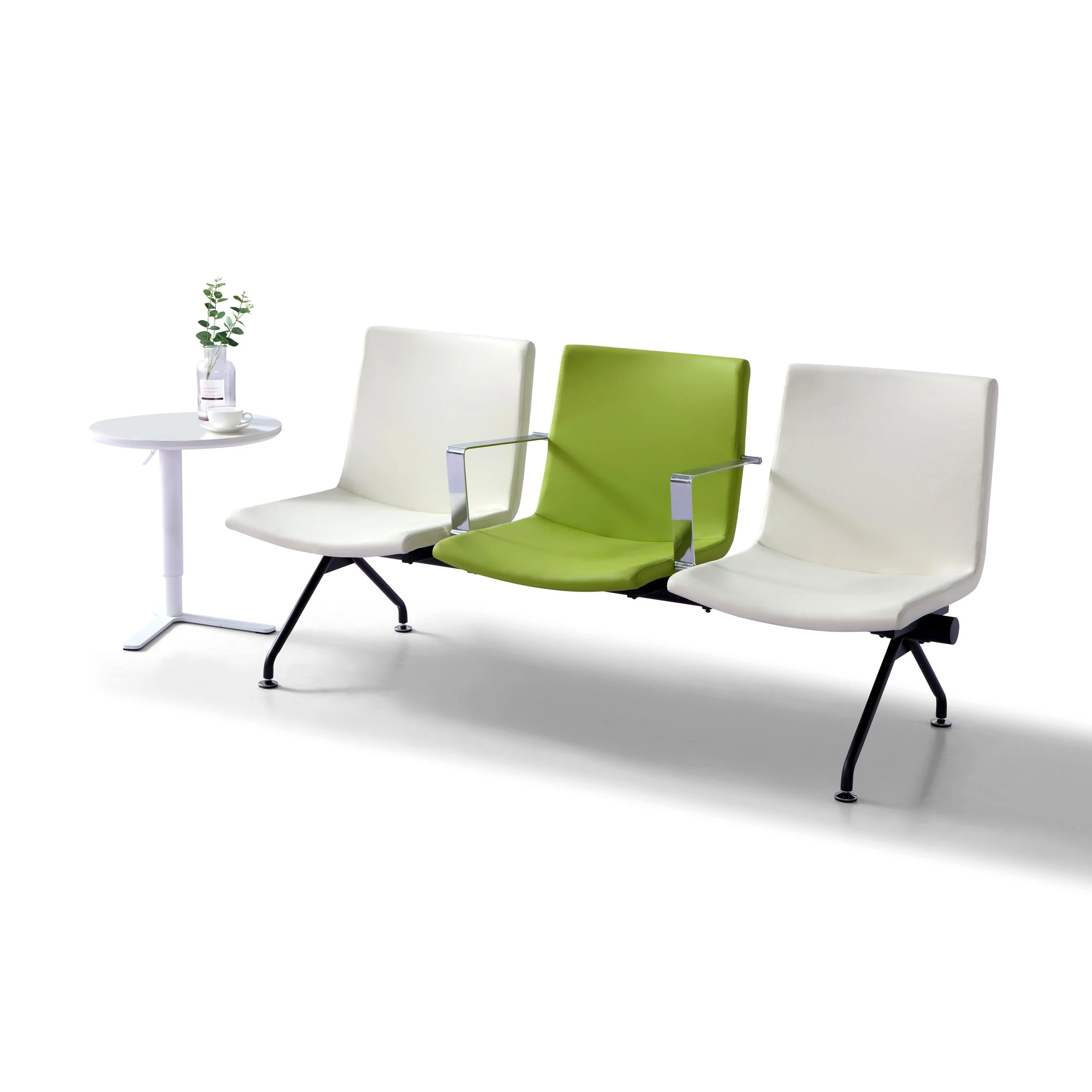 Three-seater leather waiting bench without armrests and tufted backrest, elegant corporate reception seating for office lobbies and executive areas.