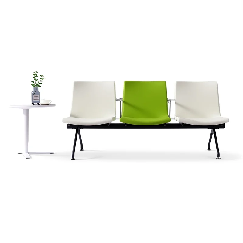 Three-seater leather waiting bench without armrests and tufted backrest, elegant corporate reception seating for office lobbies and executive areas.