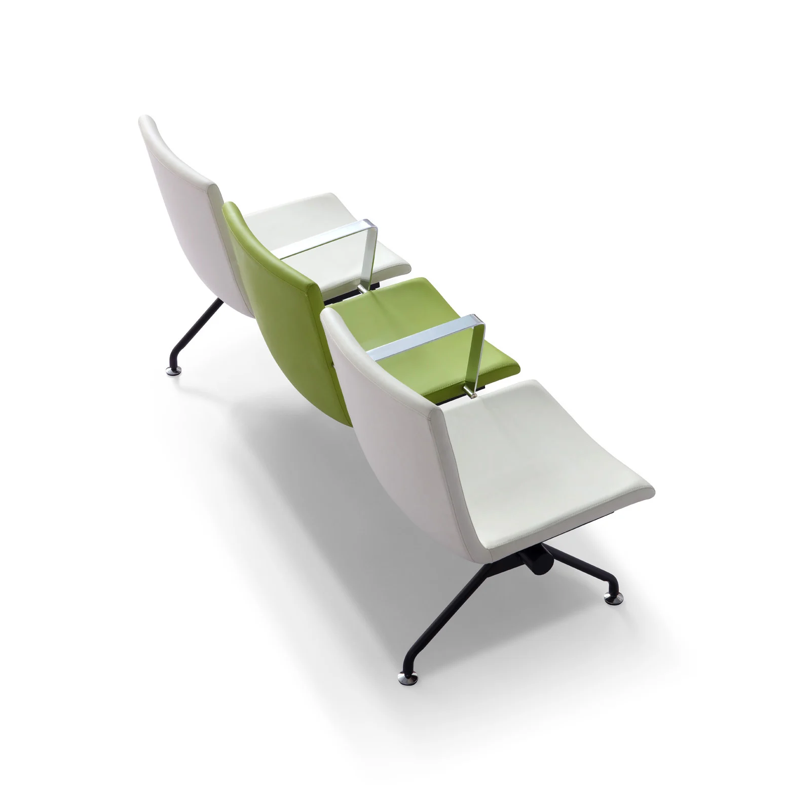 Three-seater leather waiting bench without armrests and tufted backrest, elegant corporate reception seating for office lobbies and executive areas.