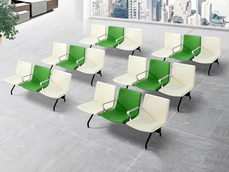 Three-seater leather waiting bench without armrests and tufted backrest, elegant corporate reception seating for office lobbies and executive areas.