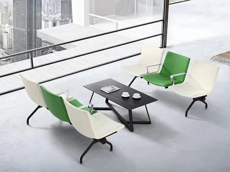 Three-seater leather waiting bench without armrests and tufted backrest, elegant corporate reception seating for office lobbies and executive areas.