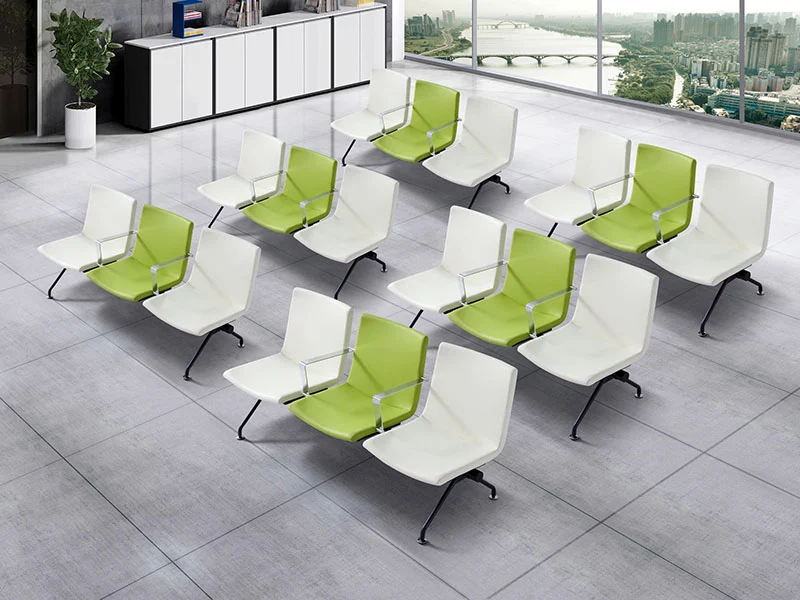 Three-seater leather waiting bench without armrests and tufted backrest, elegant corporate reception seating for office lobbies and executive areas.