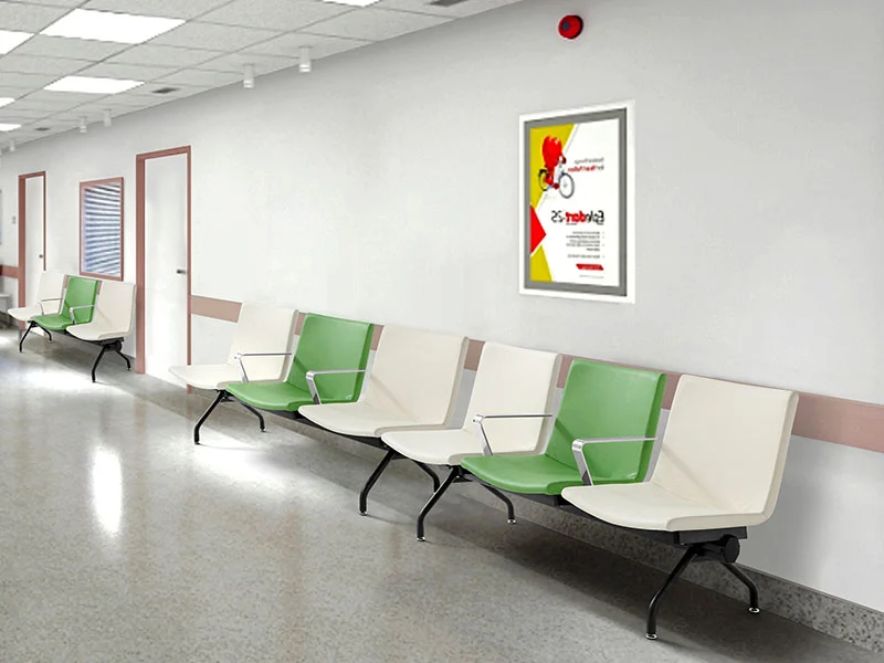 Three-seater leather waiting bench without armrests and tufted backrest, elegant corporate reception seating for office lobbies and executive areas.