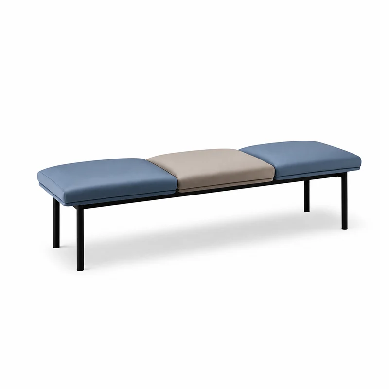 Three-seater fabric waiting bench without armrests and tufted backrest, elegant corporate reception seating for office lobbies and executive areas.