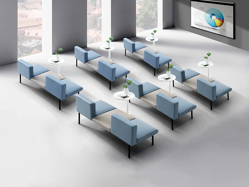 Three-seater fabric waiting bench without armrests and tufted backrest, elegant corporate reception seating for office lobbies and executive areas.