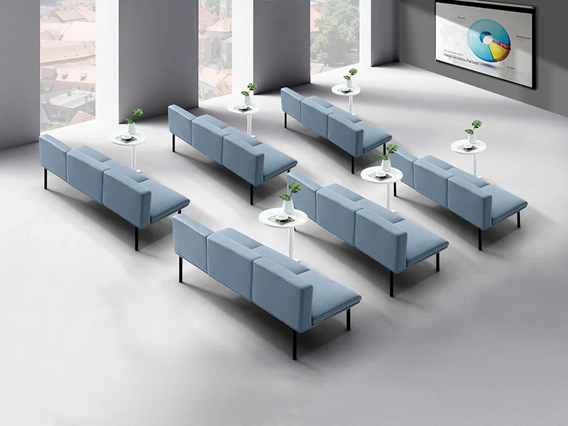 Three-seater fabric waiting bench without armrests and tufted backrest, elegant corporate reception seating for office lobbies and executive areas.