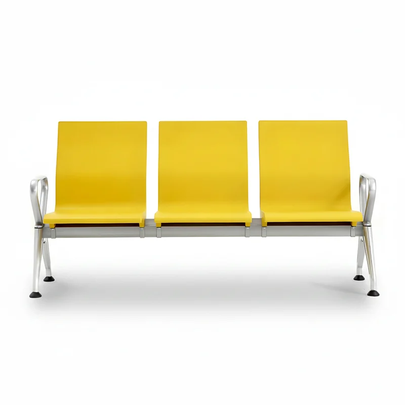 Ergonomic curved back 3 seater PU airport chair supporting natural spine posture for long waiting.