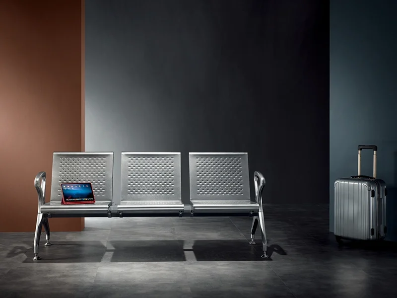 Anti static coated 3 seater stainless steel airport chair for electronic device safe zone.