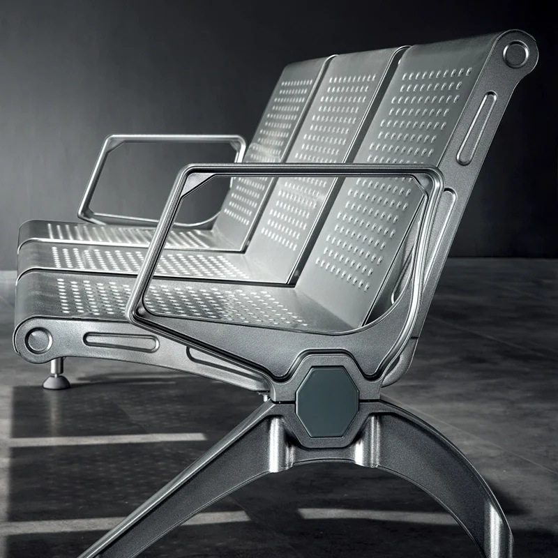 3 seater stainless steel bank waiting chair with polished armrest for professional reception area.