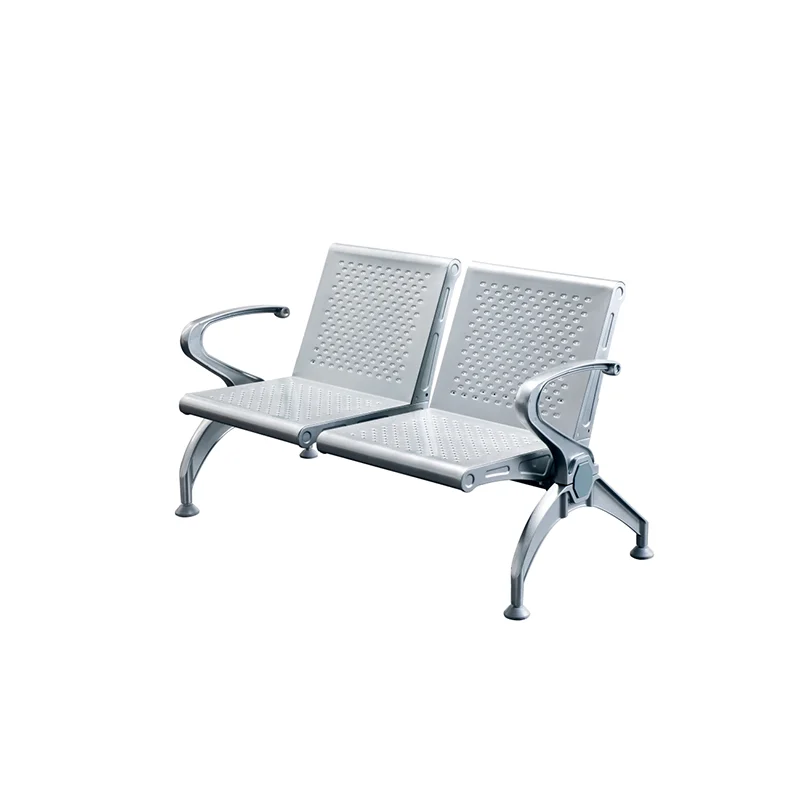 2 seater stainless steel bench for train platform with anti slip surface for passenger safety.