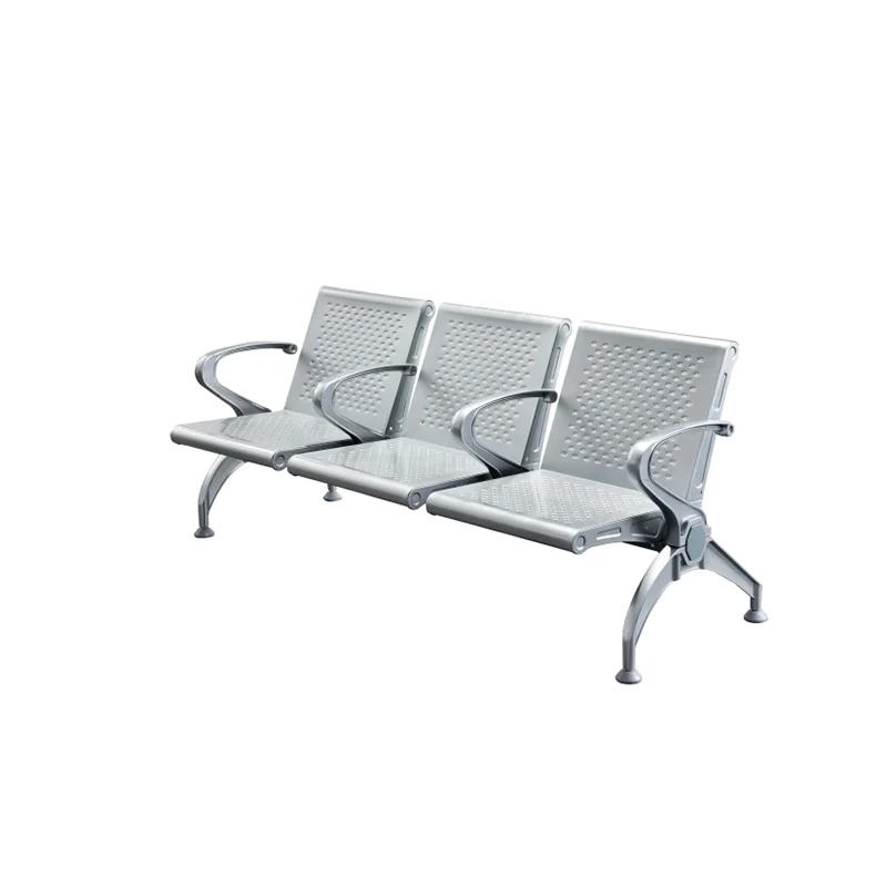 Ventilated backrest 3 seater stainless steel waiting chair for air circulation in warm climate.