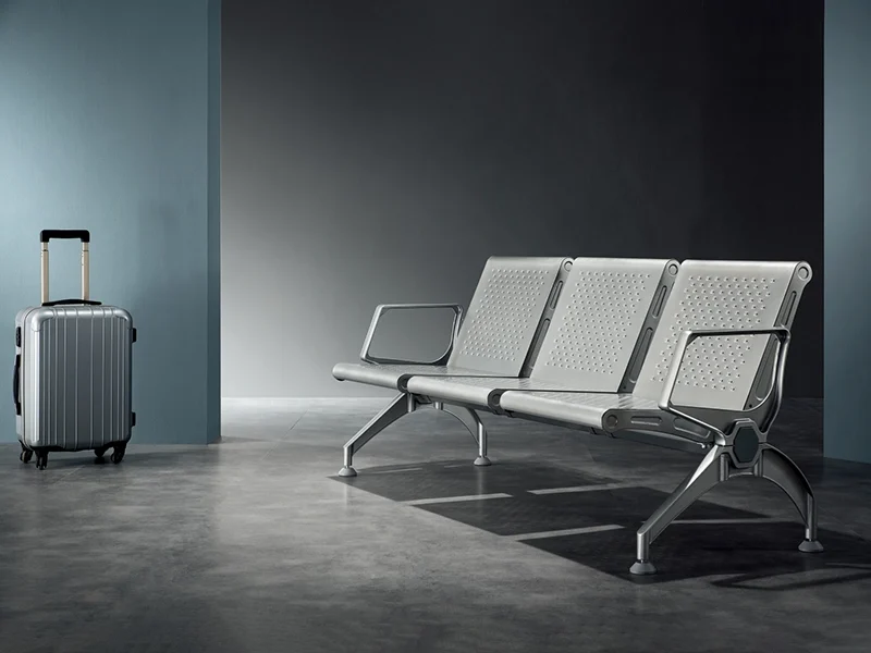 3 seater stainless steel waiting bench for train station platform with weather resistant coating.