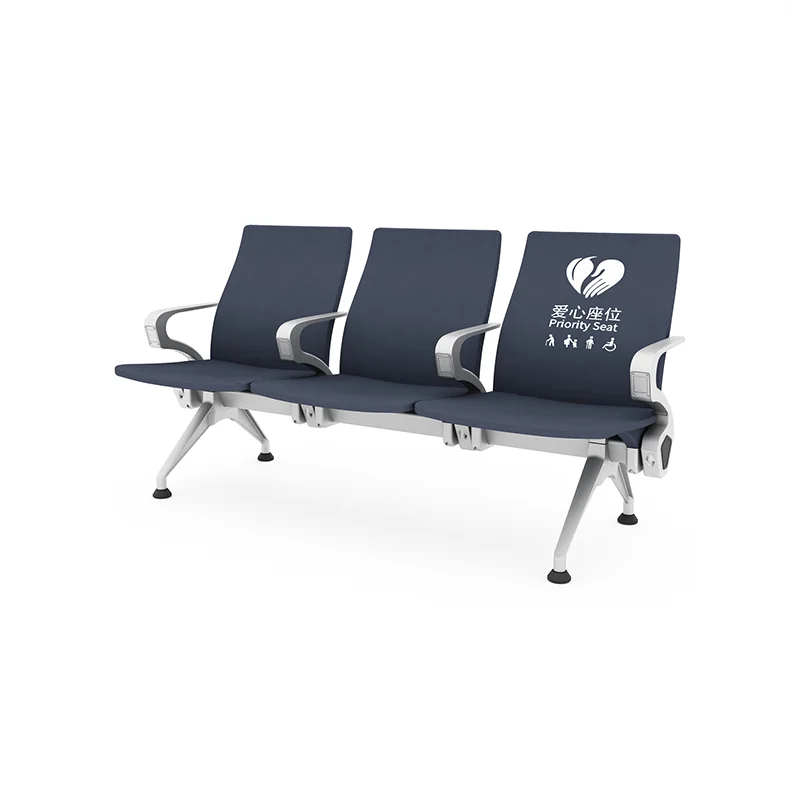 Floor mounted 3 seater airport waiting bench with anti-pirate design for security and easy cleaning.