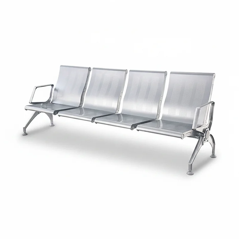 4 seater airport bench without middle armrest allowing passengers to lie down for overnight layover.
