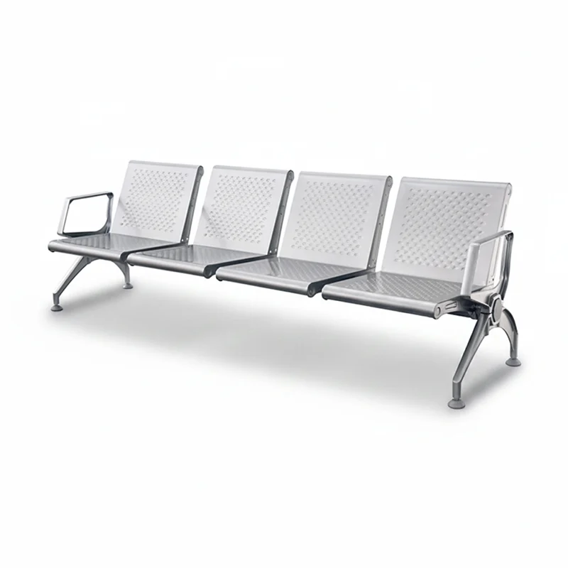 Heavy duty 4 seater stainless steel airport bench for high traffic public transportation hub.