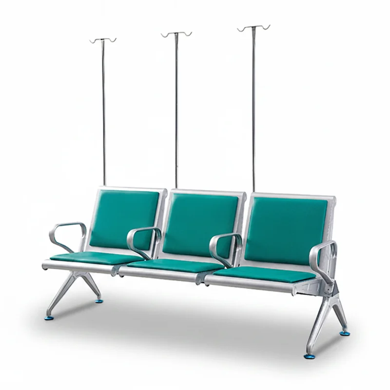 floor feet detail of 4 seater hospital bench with anti-slip rubber pad and leveling adjuster.