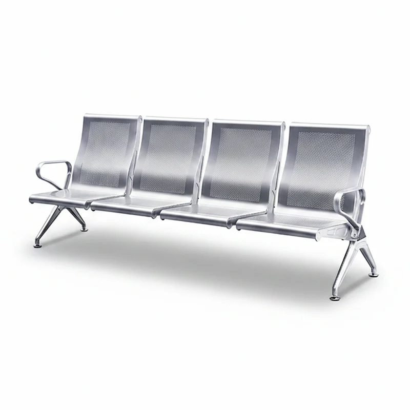 Industrial 4 seater iron waiting bench with welded mesh back for ventilation.