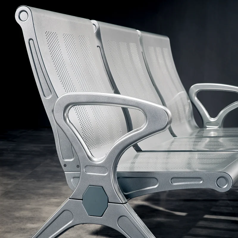 3 seater stainless airport bench without middle armrest allowing families to sit together.