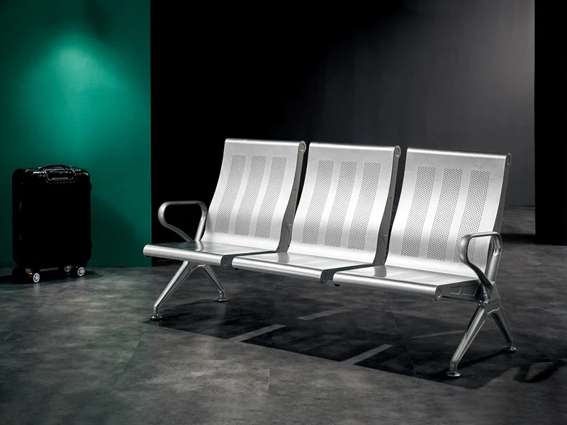 3 seater stainless steel bank waiting bench with polished finish for professional appearance.