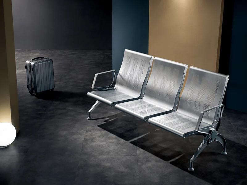 3 seater stainless steel waiting bench for airport high capacity passenger seating area.