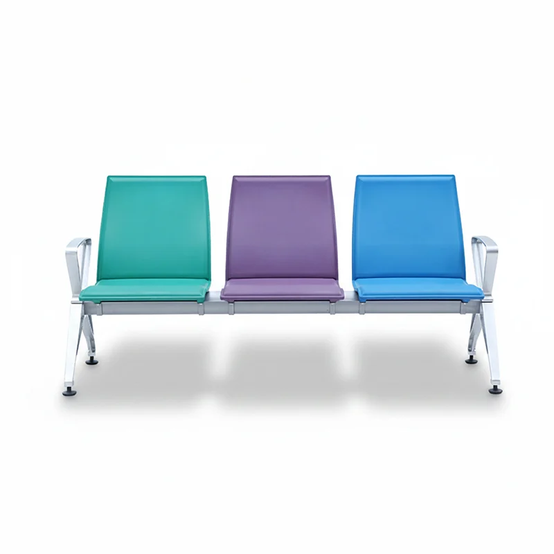 Airport arrival hall waiting bench with under seat space for luggage storage.