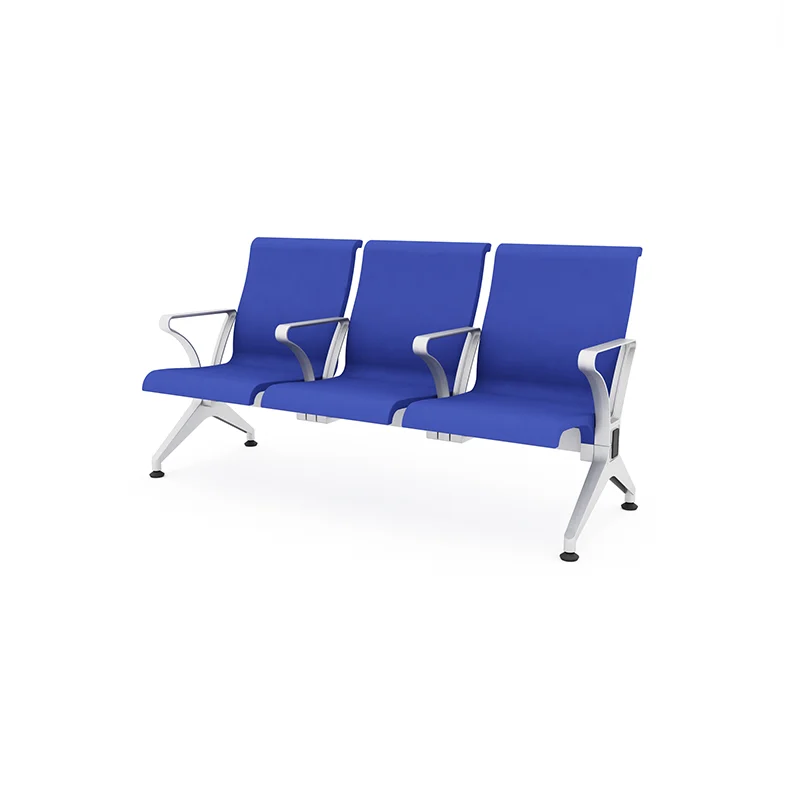 Blue cushion airport waiting chair 3 seater for easy visual guidance in large hall.