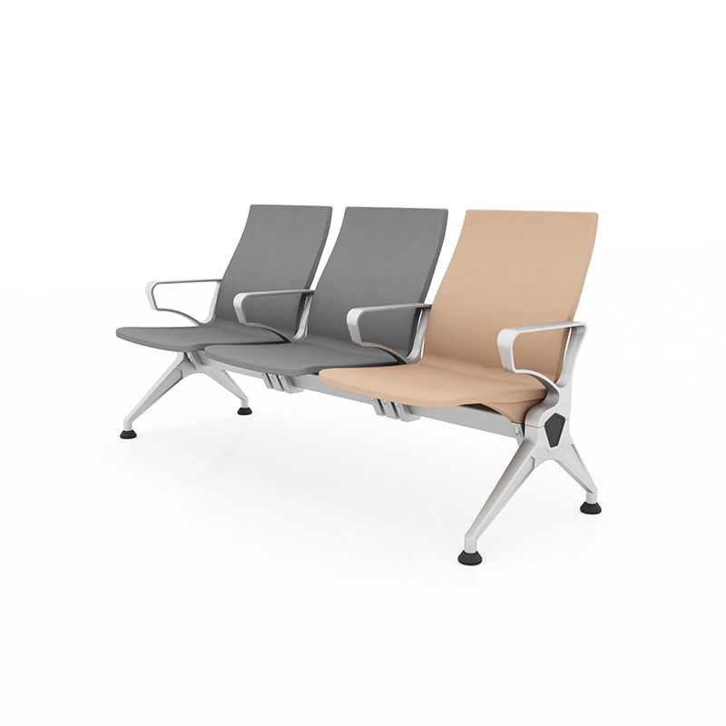 3 seater airport chair with foldable tablet arm for business traveler work area.