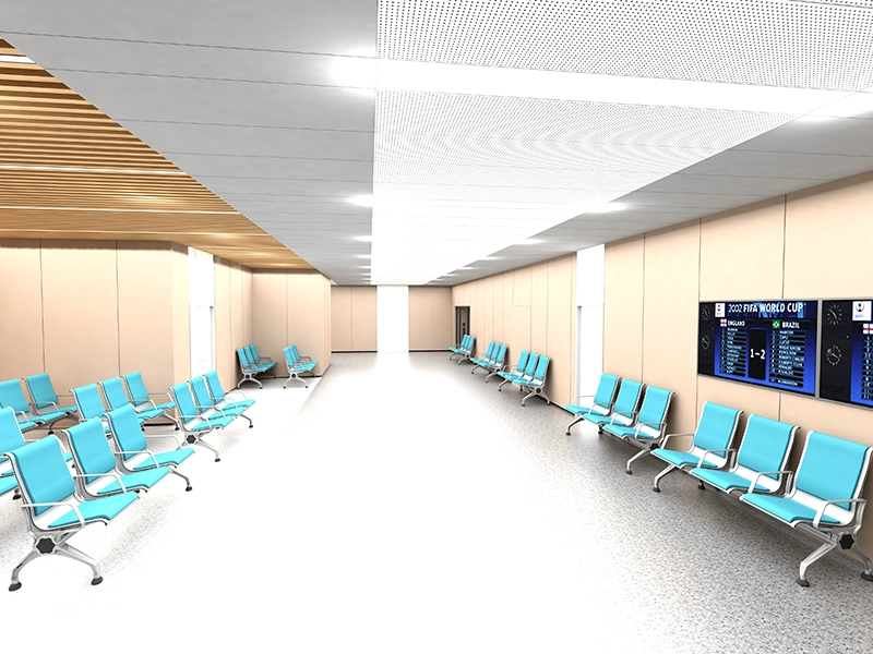 Ergonomic curved backrest airport chair supporting natural spine posture for waiting.