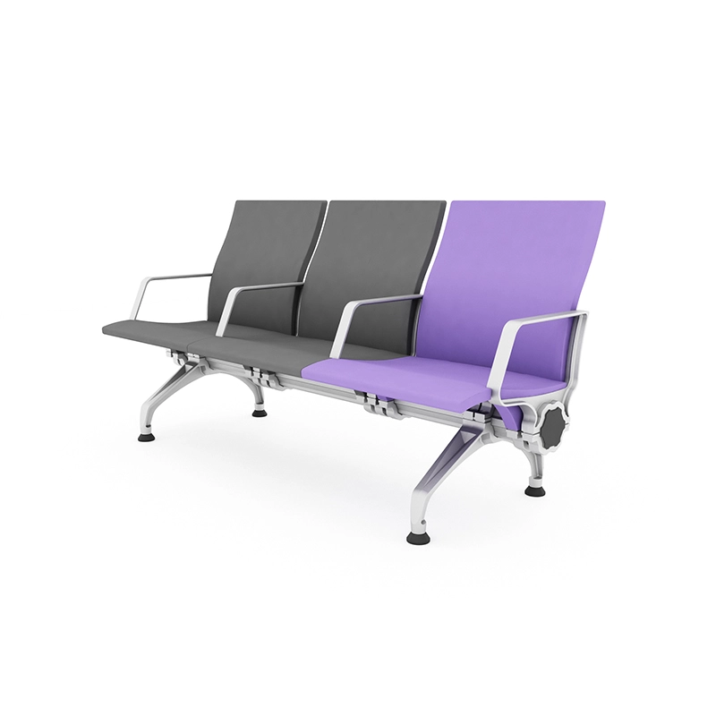 Airport passenger seat with pedestal mounting system for flexible layout in waiting lounge.