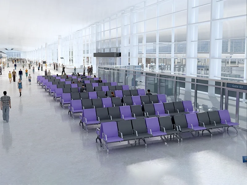 Airport passenger seat with pedestal mounting system for flexible layout in waiting lounge.
