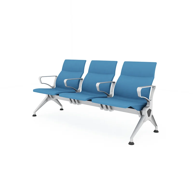 Airport waiting chair with individual armrest divider providing personal space for each passenger.