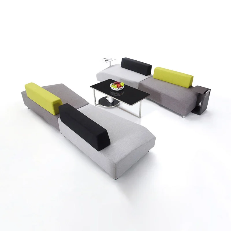 fabric modular puzzle seating for conference lounge with reconfigurable pieces for team discussions and workshops