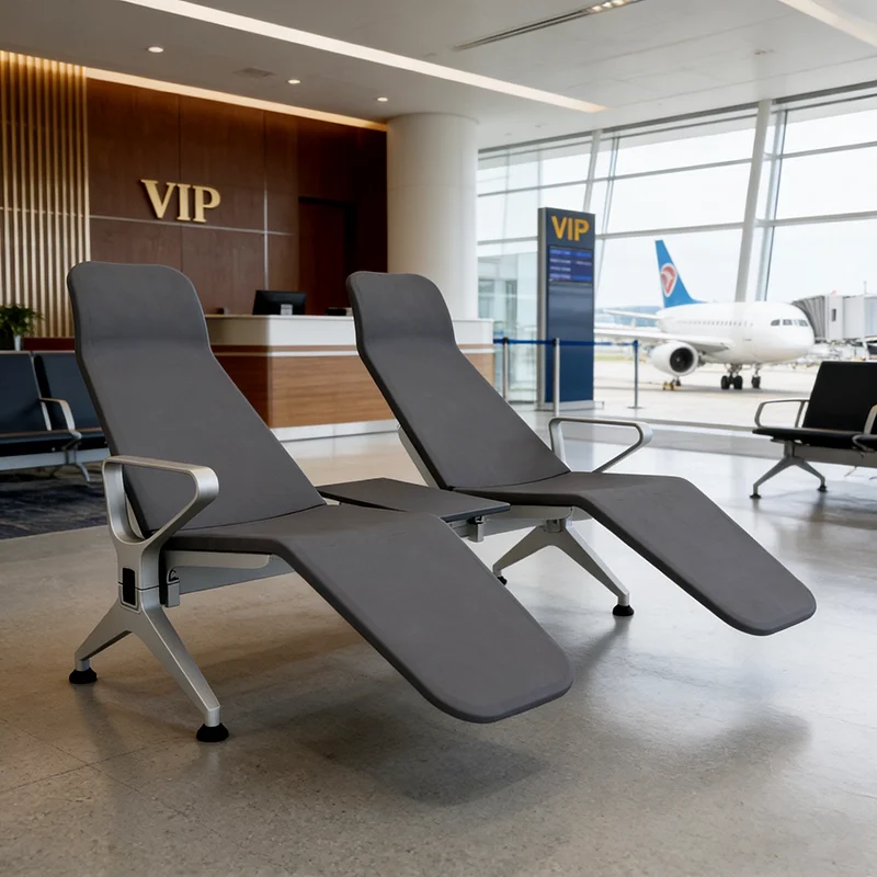 Airport VIP lounge premium waiting chair with leather upholstery and wide seat.