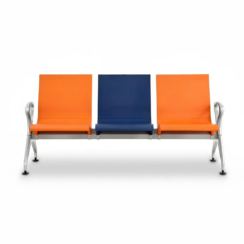 Anti slip surface texture on aluminum airport bench for passenger safety.