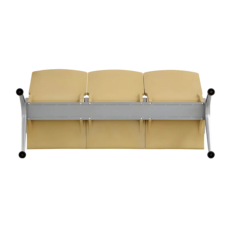 Die cast aluminum armrest on waiting chair for lightweight durability.