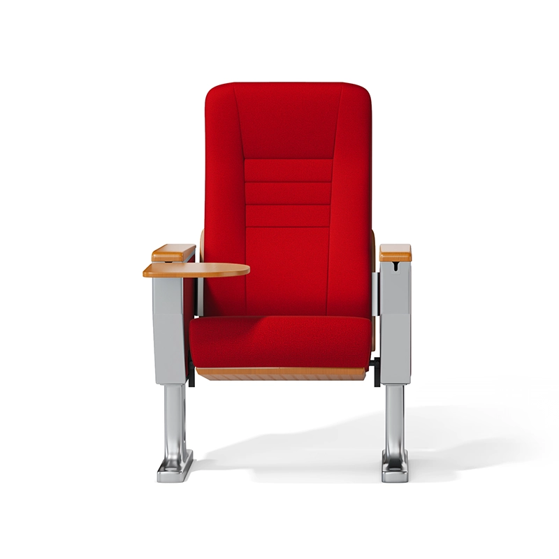 Auditorium chair with cup holder integrated into armrest for beverage storage.